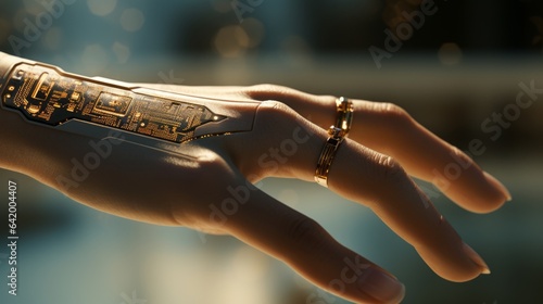 Nahaufnahme einer bionischen menschlichen Hand, die mit modernder Technologie und Leitungen durchzogen ist 