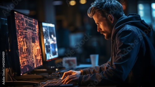 Junger Mann mit Bart sitzt in einem abgedunkelten und mysteriös ausgeleuchteten Raum vor einem Computer mit mehreren Monitoren und arbeitet