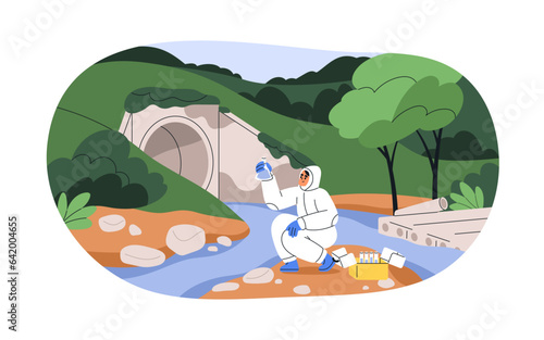 Scientist take sample from water in nature. Testing, studying environment quality, pollution. Ecologist researching aqua with equipment. Flat graphic vector illustration isolated on white background