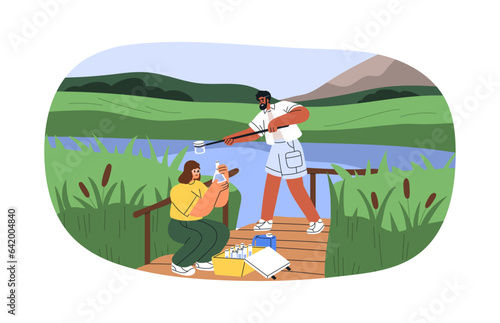Scientists taking water samples from lake in nature. Ecologists with flasks, tubes, checking, testing, examining aqua quality in river. Flat graphic vector illustration isolated on white background