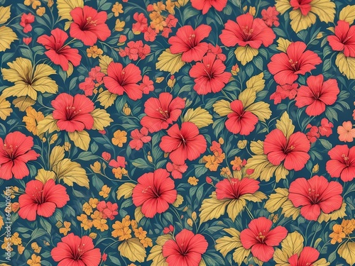 Hibiscus Seamless Tropical flowers background Wallpaper. Generative AI