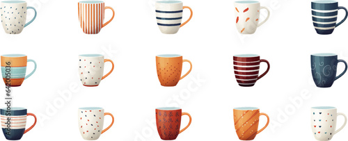 Set of mugs in different shapes on white background.  Generative AI