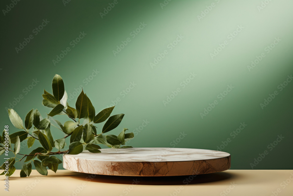 Natural pedestal with leaves on a green wall background for displaying organic and eco-friendly products Natural pedestal with leaves on a green wall background for displaying organic and eco-friendly products