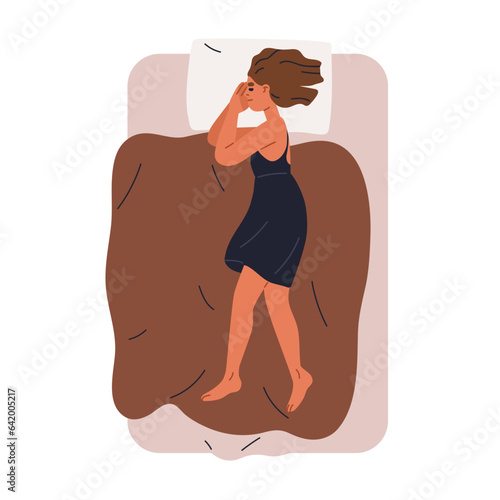 Sleeping woman in bed, top view. Dreaming girl on pillow, lying on side. Person asleep. Female relaxing in nightgown alone in warm weather. Flat vector illustration isolated on white background
