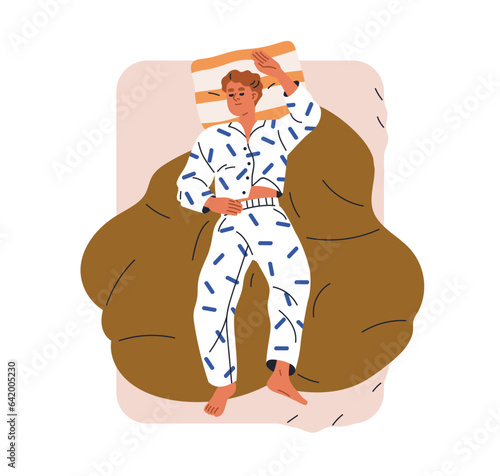 Man sleeping, lying on back. Person asleep, relaxing in pajamas on mattress, pillow. Dreaming reposing character in bed, above top view. Flat vector illustration isolated on white background