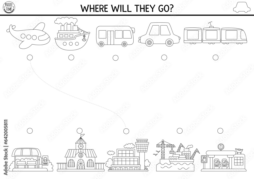 Transportation black and white matching activity with cute plane, bus, ship, train and places they go. City transport line puzzle. Match the objects game. Match up coloring page with vehicles.
