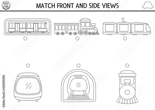 Transportation black and white matching activity with cute side and front view of train, metro, engine. Railway transport puzzle. Match objects game. Match up coloring page with vehicle.