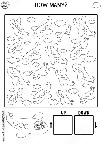 Transportation logic black and white game with up and down concept for kids. I spy searching, counting line activity with plane. Transport printable space orientation worksheet or coloring page.