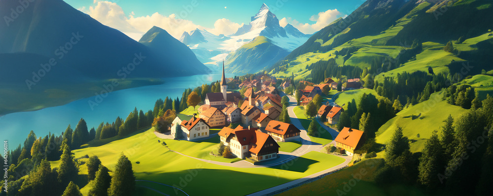 Switzerland Beautiful Landscape – Village in front of lake and mountain (Ai generative) - obrazy, fototapety, plakaty 