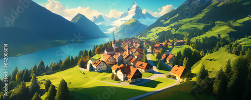 Switzerland Beautiful Landscape – Village in front of lake and mountain (Ai generative)