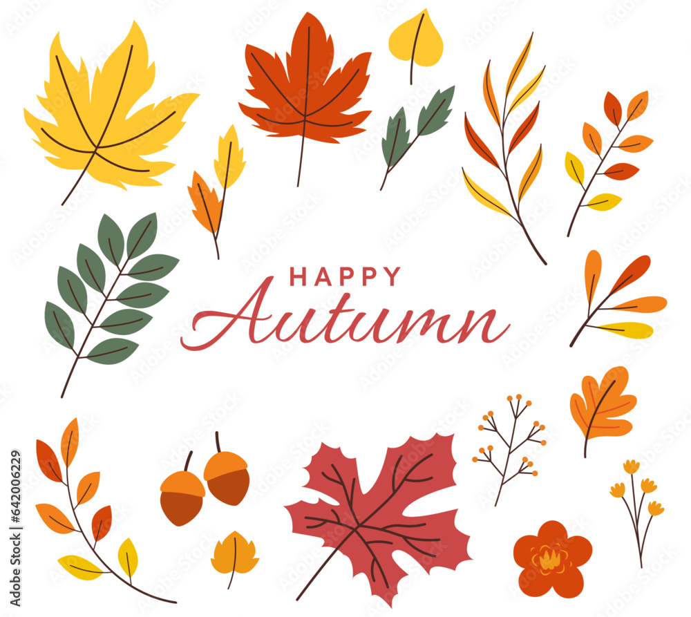 Obraz premium Hand-drawn yellow orange autumn leaves flora, Vector, Celebration decorate