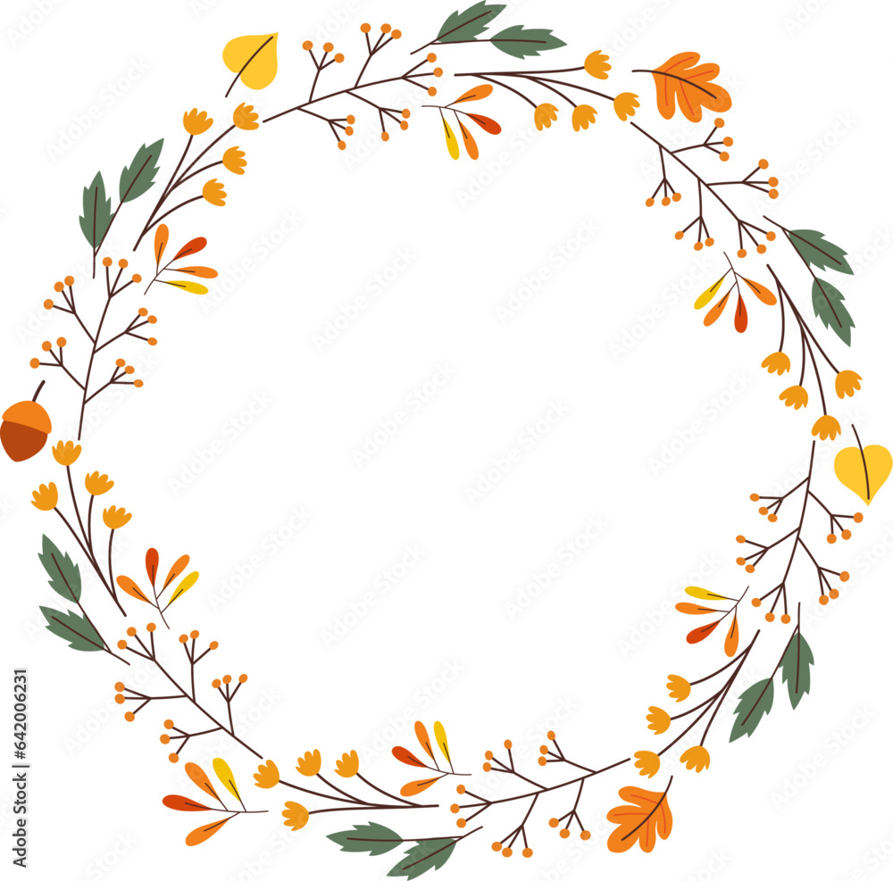 Hand-drawn yellow orange autumn circle wreath with branches leaves flora, Vector, Celebration decorate Hand-drawn yellow orange autumn circle wreath with branches leaves flora, Vector, Celebration decorate