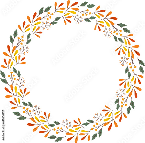 Hand-drawn yellow orange autumn circle wreath with branches leaves flora, Vector, Celebration decorate