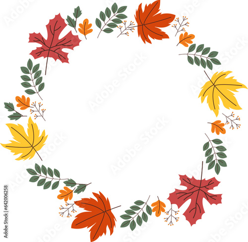 Hand-drawn yellow orange autumn circle wreath with branches leaves flora, Vector, Celebration decorate