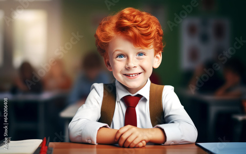Smiling red hair child boy sitting at desk in school class. Concept of back to school or distant education.