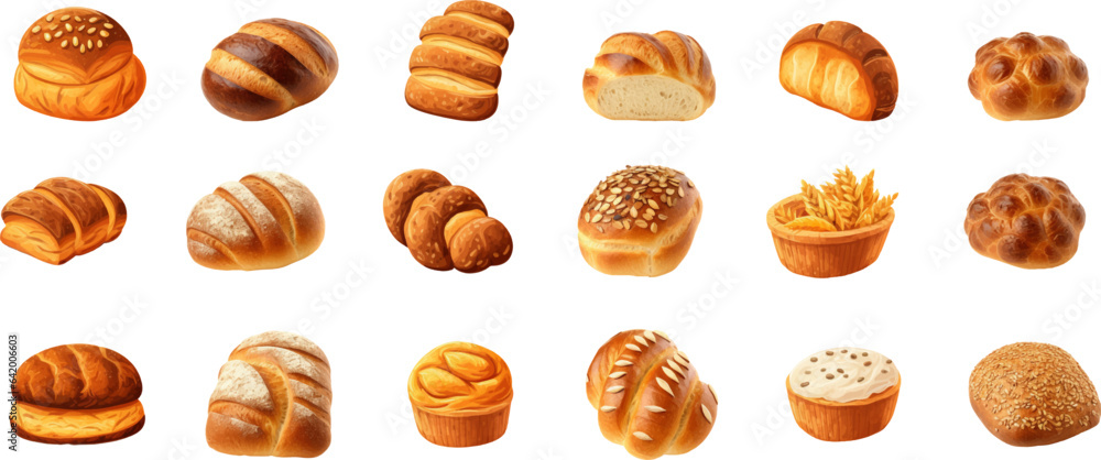 Set of breads in various styles on a white background. Generative AI Set of breads in various styles on a white background. Generative AI