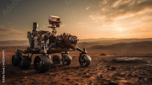 Futuristic Mars rover exploring the surface of the planet Mars. Mars Colonization Concept. photo