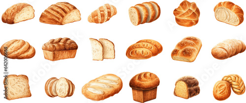 Set of breads in various styles on a white background. Generative AI