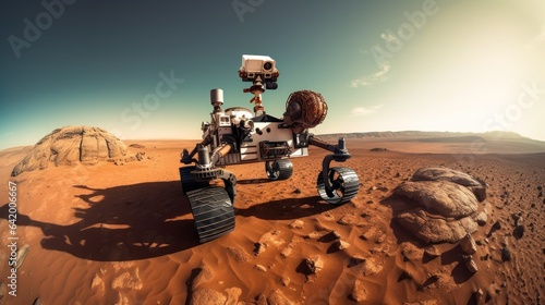 Futuristic Mars rover exploring the surface of the planet Mars. Mars Colonization Concept.