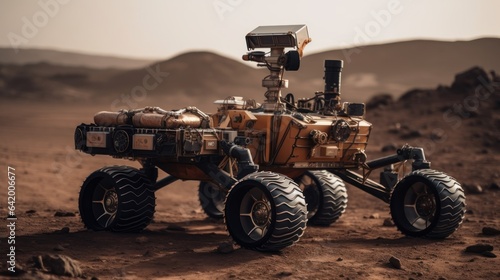 Futuristic Mars rover exploring the surface of the planet Mars. Mars Colonization Concept.