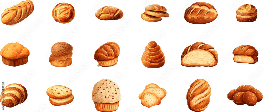 Set of breads in various styles on a white background. Generative AI