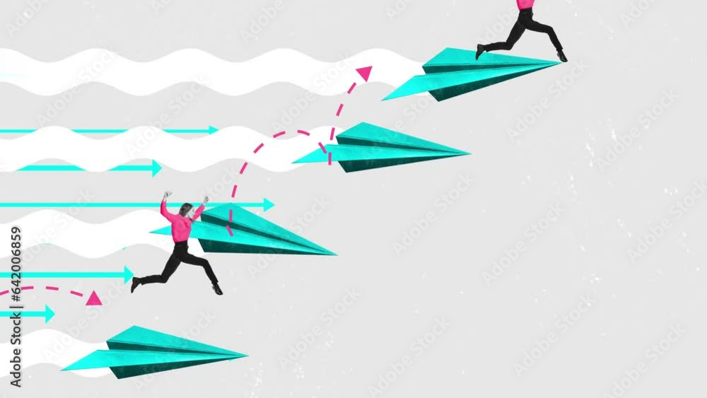 Ambitious young woman, employee stepping forward on airplanes to professional success. Promotion. Stop motion, animation. Concept of business, professional challenges, ambitions, office, career, ad Ambitious young woman, employee stepping forward on airplanes to professional success. Promotion. Stop motion, animation. Concept of business, professional challenges, ambitions, office, career, ad