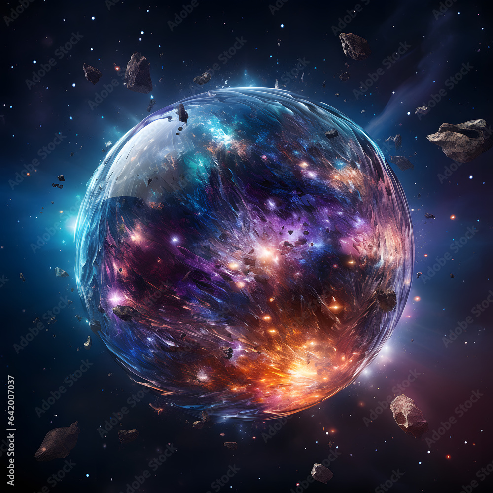 Abstract 3d rendering of planet in space with stars and nebula