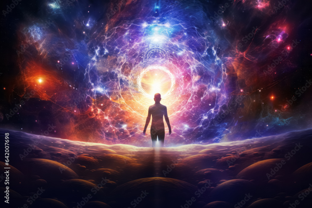 Fototapeta premium Spiritual meditation, cosmic energy, inner harmony, transcendental experience, healing concept.