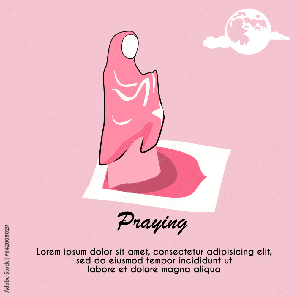 Illustration of a Muslim woman praying wearing a mukenah, to celebrate hijab solidarity day Illustration of a Muslim woman praying wearing a mukenah, to celebrate hijab solidarity day