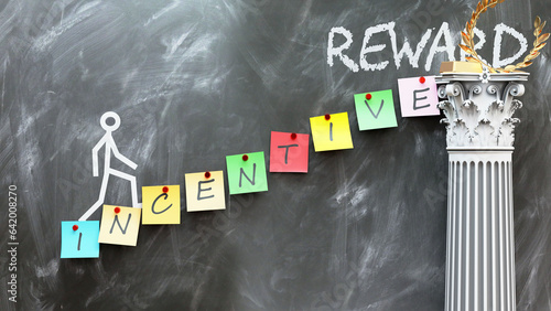 Incentive leads to Reward - a metaphor showing how incentive makes the way to reach desired reward. Symbolizes the importance of incentive and cause and effect relationship.,3d illustration