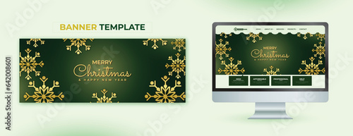 Merry Christmas wishing banner design with green background and Golden pattern creative 