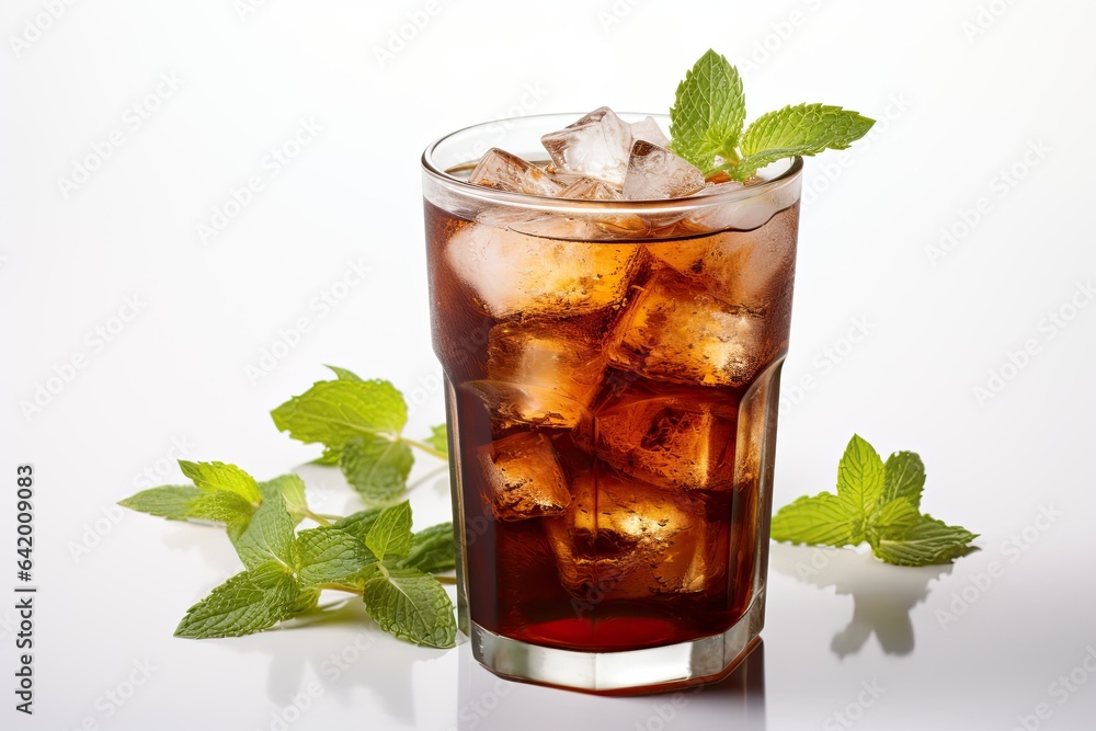 Fresh cola at the drink glass with mint and straw on white Fresh cola at the drink glass with mint and straw on white
