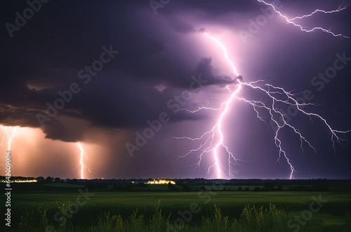 Lightning storm with huge electrical discharges on night sky, thunderstorm background.