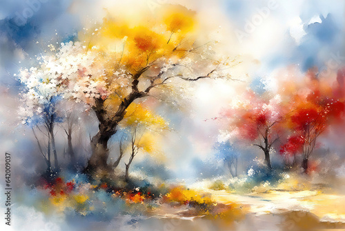 Watercolor landscape  multicolored forest  trees with colorful leaves  artistic vision of autumn splash art. Generative Ai.