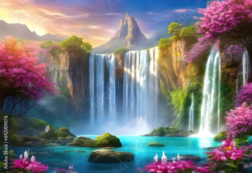 Paradise landscape with beautiful gardens, waterfalls and flowers, magical idyllic background, heavenly view with beautiful fantastic flowers and lush vegetation in Eden.