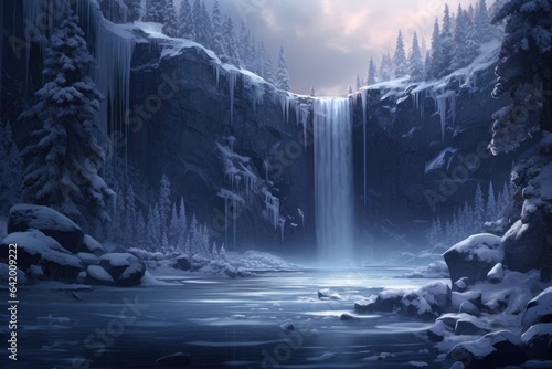 Landscape of a frozen waterfall at dawn
