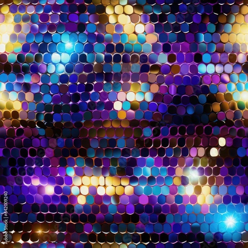 Mirrored disco ball, shiny glittering multi colored background.