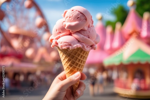 ice cream cone on a hand on amusement park
