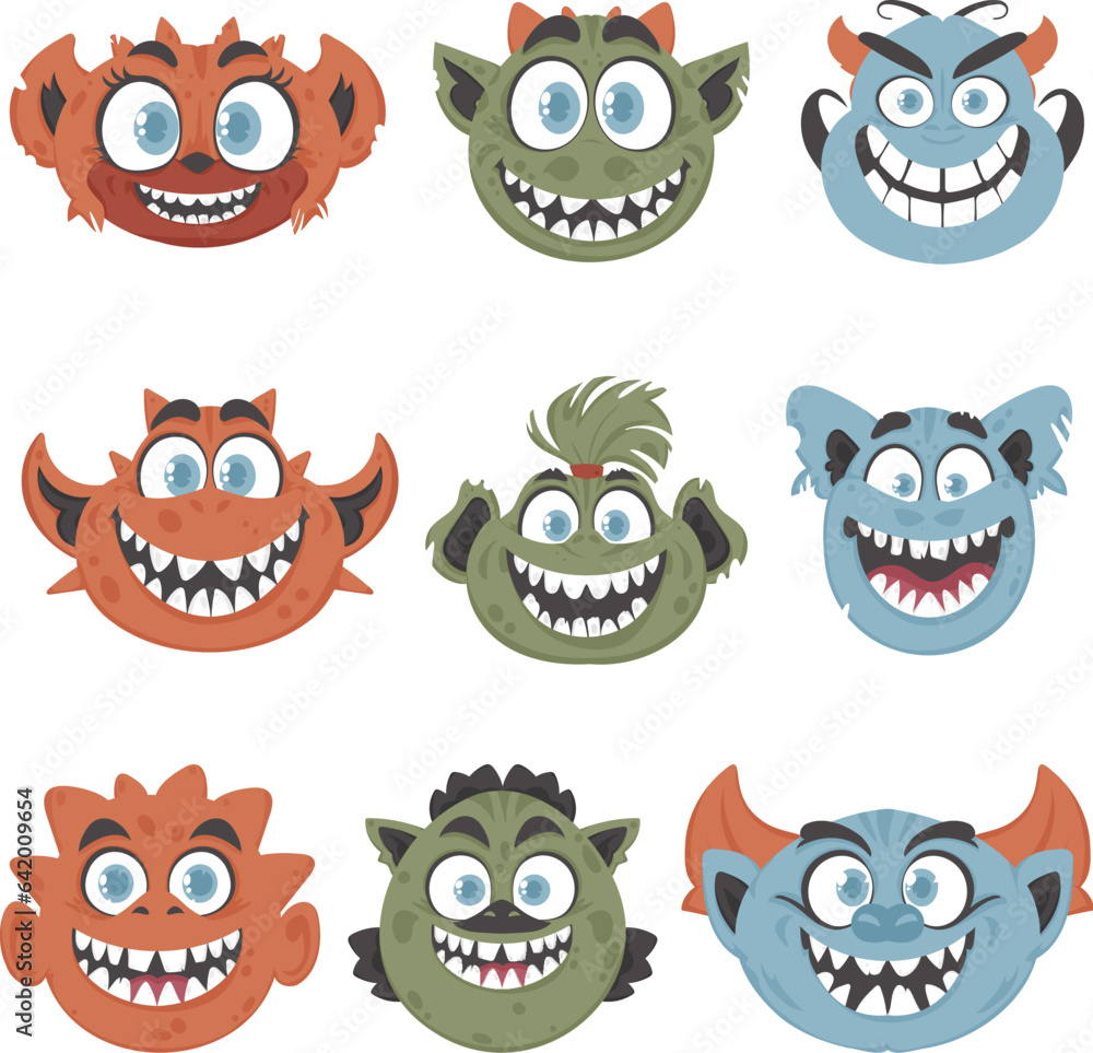 Fototapeta premium A big group of silly and funny monster faces. Cartoon style.