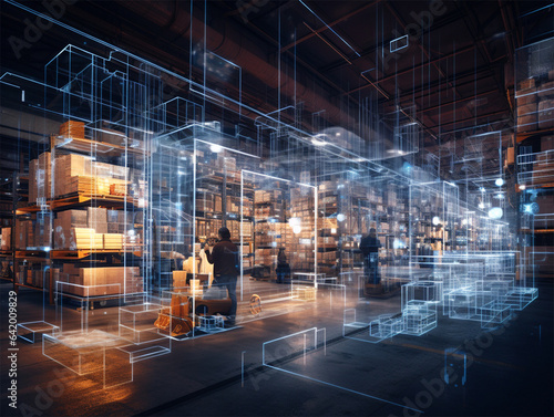 Inside a warehouse with boxes and overlay denoting smart warehouse system. Internet of things and smart supply chain and logistics.