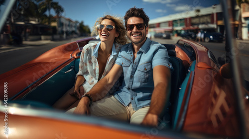 Happy young couple in a convertible car smiling and looking at the camera.