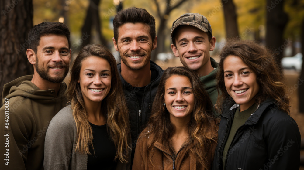 Portrait of group of six friends smiling at the camera in the park.