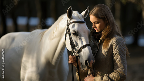 Beautiful girl with a white horse in autumn sunset.