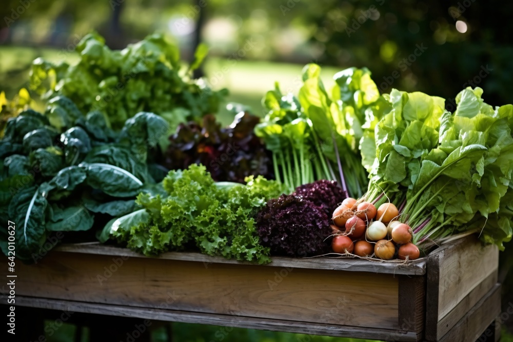 Variety of fresh organic vegetables in a wooden box on a garden table - obrazy, fototapety, plakaty 