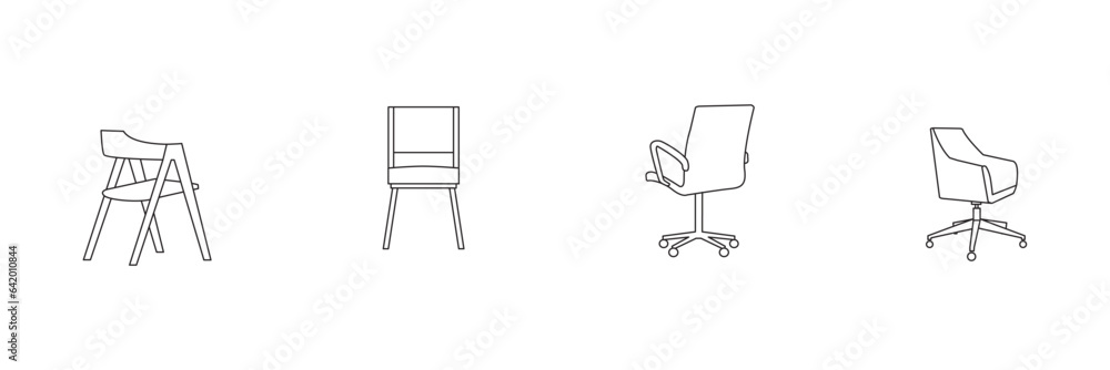 Simple set of office interior employee executive line back chair vector icon design, wooden chairs for work space, modern office armchair set, in outlines, white background. Digital vector Simple set of office interior employee executive line back chair vector icon design, wooden chairs for work space, modern office armchair set, in outlines, white background. Digital vector