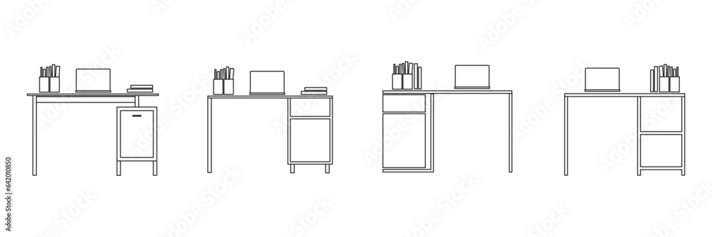 Office workspace desk icon. Computer table with folders and book line and glyph version, linear, filled vector sign and full pictogram. Symbol, logo illustration on white background.