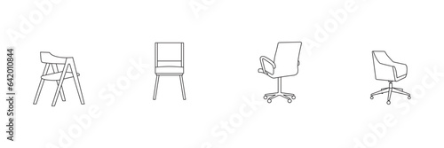Simple set of office interior employee executive line back chair vector icon design, wooden chairs for work space, modern office armchair set, in outlines, white background. Digital vector 