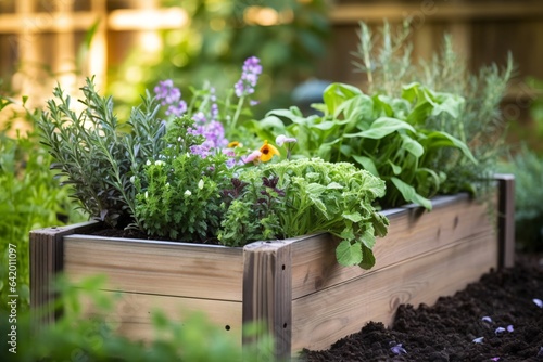 Organic vegetable garden in a wooden box. Fresh garden herbs.