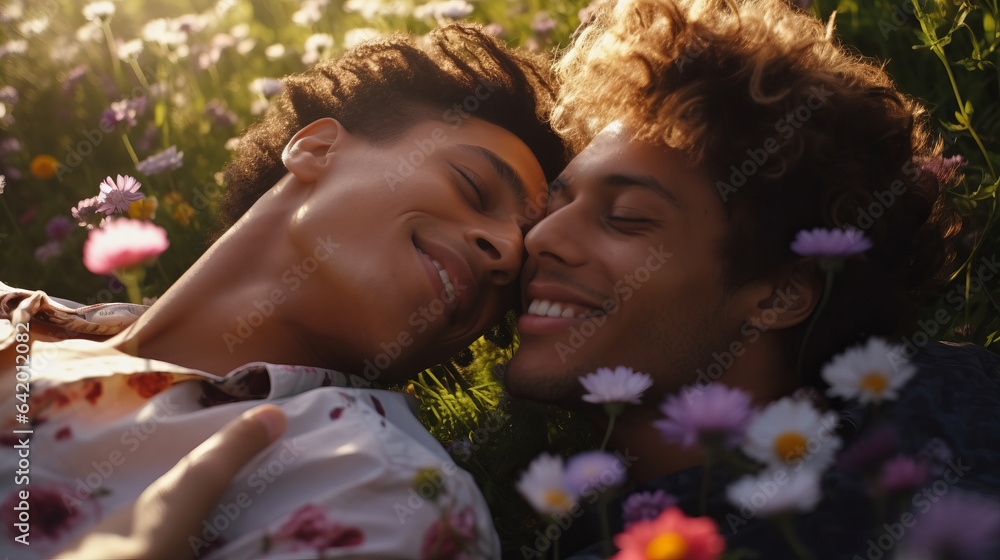 Gay men couple in flowers field lying on grass , young homosexual persons in love smiling head to head in flowers Gay men couple in flowers field lying on grass , young homosexual persons in love smiling head to head in flowers