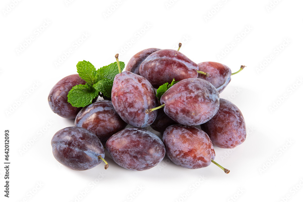 ripe plum prunes fruit isolated on white background.